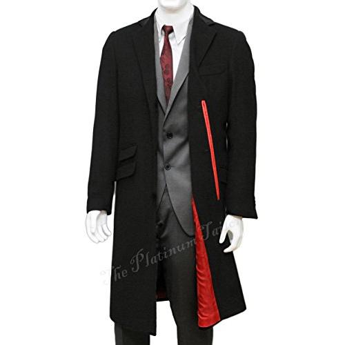 【並行輸入品】メンズブラックオーバーコートウール＆カシミアウォームウィンターコートベルベットカラー＆レッドサテンライニング (48) The Pの画像