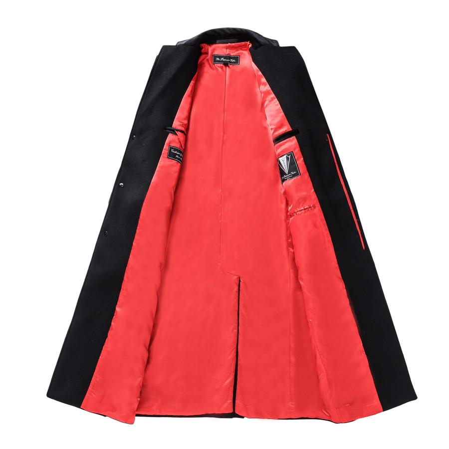 【並行輸入品】メンズブラックオーバーコートウール＆カシミアウォームウィンターコートベルベットカラー＆レッドサテンライニング (48) The Pの画像