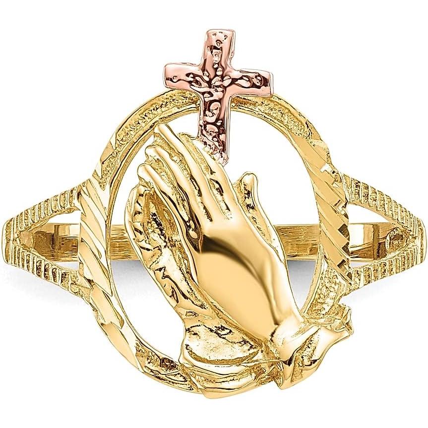 【並行輸入品】14K ツートーン ゴールド イエス 祈りの手 主 静けさ 祈り クロス リング 宗教的 ファインジュエリー 女性へのギフトに  ゴールの画像