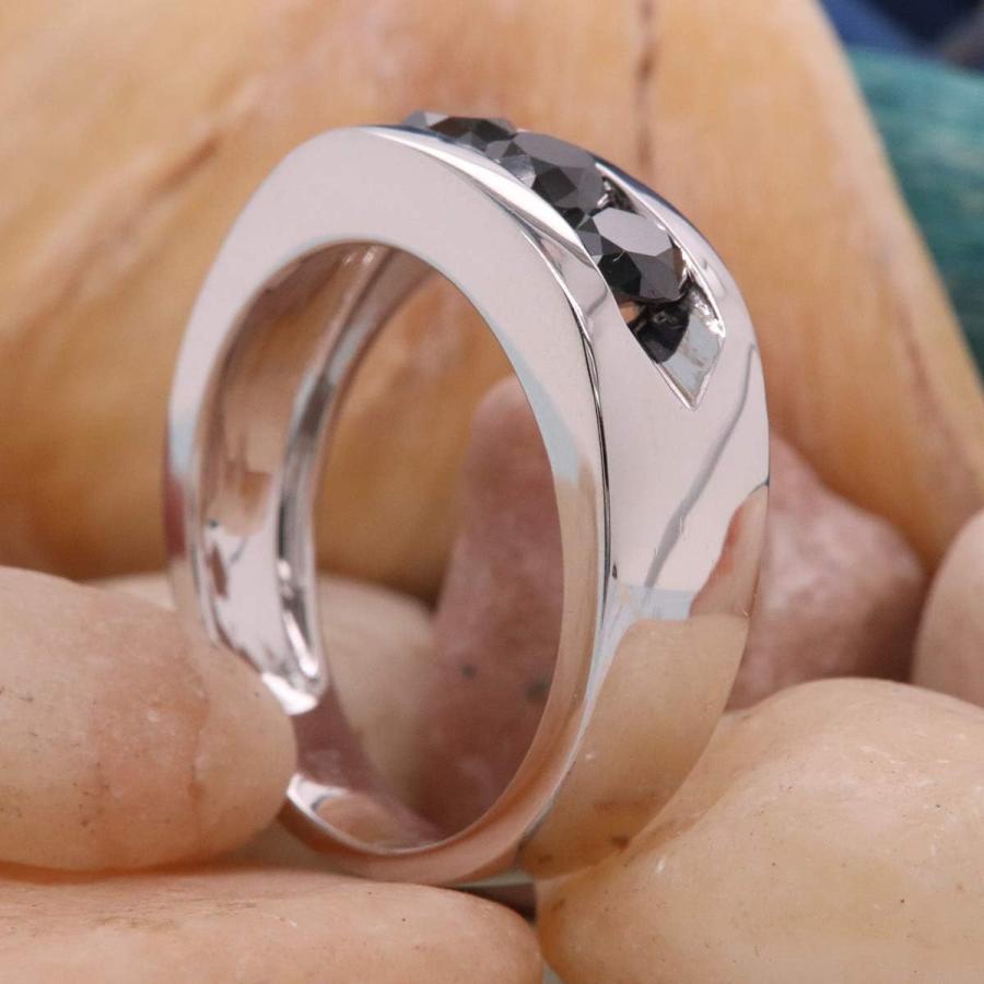 【並行輸入品】1.10カラットCTWスターリングシルバーRealラウンドブラックダイヤモンドメンズ3ストーン結婚記念バンド1 CT (USA リングサの画像