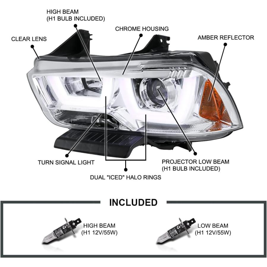【並行輸入品】Spec-D Tuning クローム LED デュアルヘイロー プロジェクターヘッドライト 2011-2014 Dodge Chargeの画像