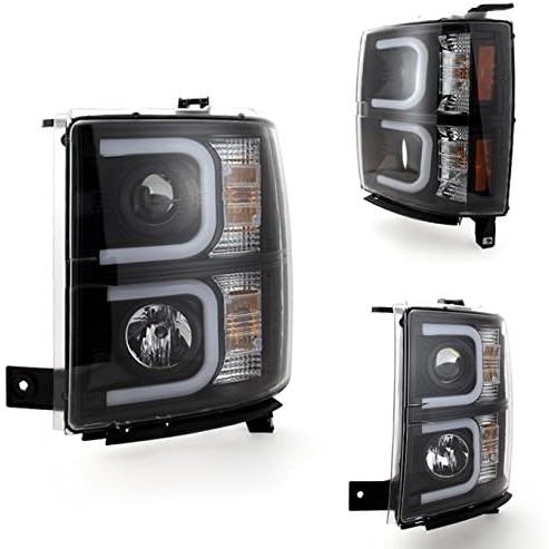 【並行輸入品】シボレーシルバラード用ブラックベゼル LED デイライトライトチューブ ハローデザイン プロジェクター ヘッドライト フロントランプの画像