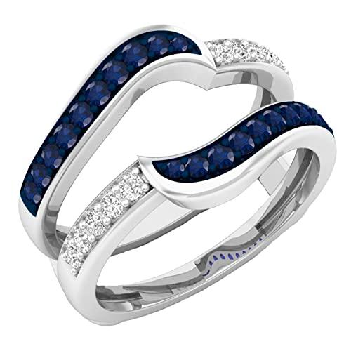 【並行輸入品】10?Kゴールドラウンドブルーサファイア&ホワイトダイヤモンドレディース結婚記念バンドガードダブルリング (USAリングサイズ6)の画像