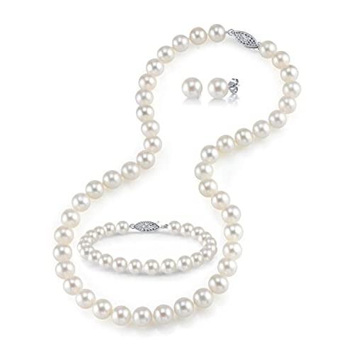 【並行輸入品】The Pearl Source レディーズ 淡水養殖真珠のネックレス、ブレスレット＆ピアスセット 白金 6.5 7.0mm Thの画像