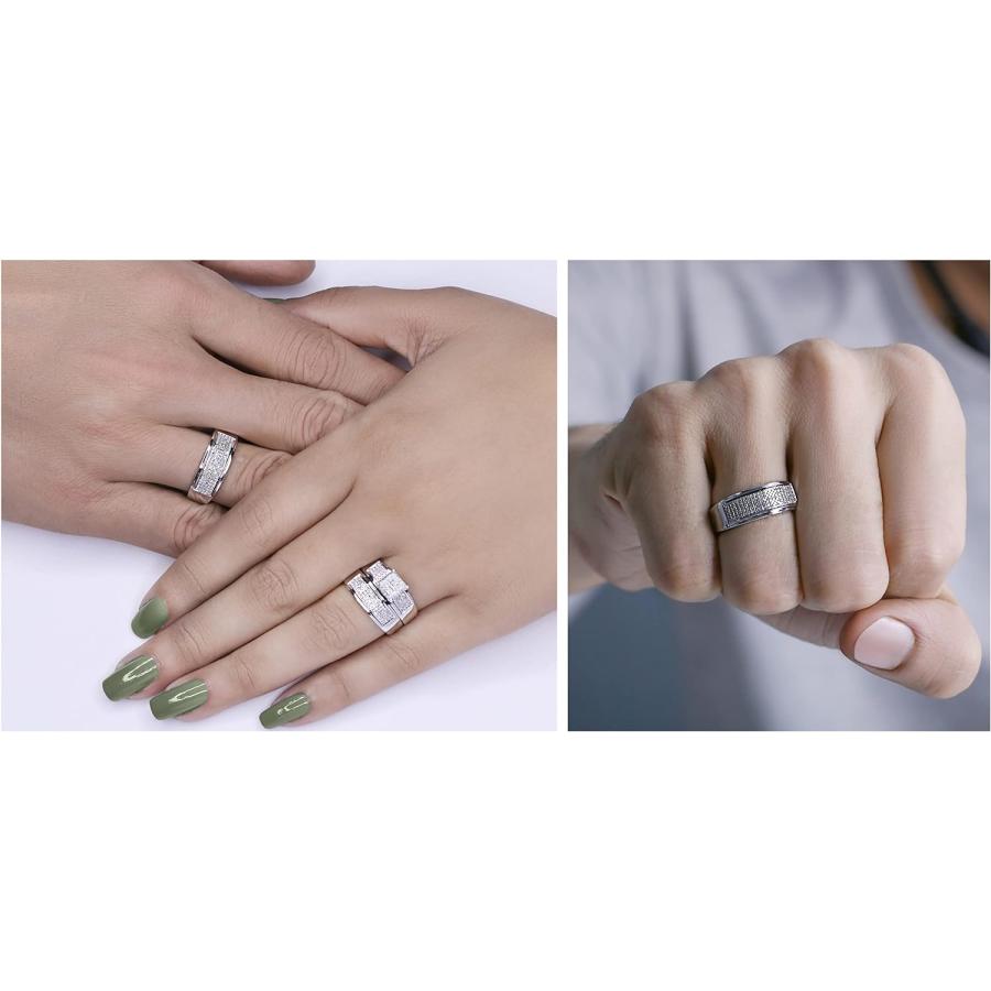 【並行輸入品】0.65カラットCTWスターリングシルバーラウンドダイヤモンドメンズ&レディースのマイクロパヴェ婚約リングトリオセット (USA リングの画像