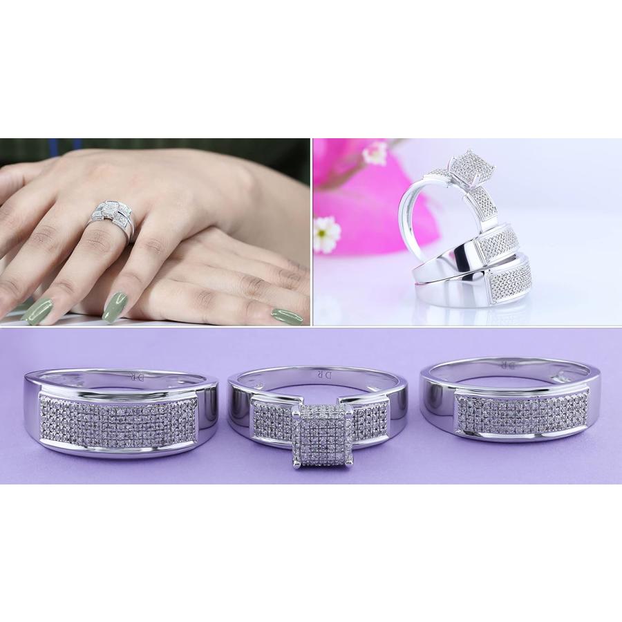 【並行輸入品】0.65カラットCTWスターリングシルバーラウンドダイヤモンドメンズ&レディースのマイクロパヴェ婚約リングトリオセット (USA リングの画像