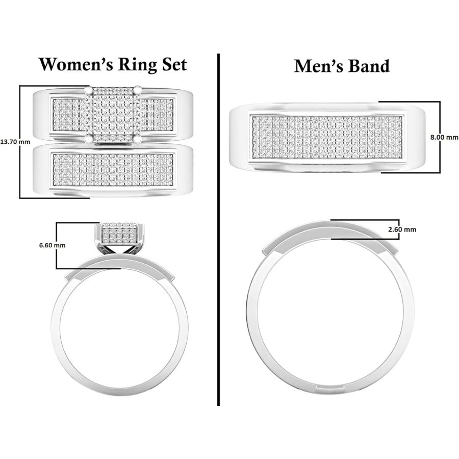 【並行輸入品】0.65カラットCTWスターリングシルバーラウンドダイヤモンドメンズ&レディースのマイクロパヴェ婚約リングトリオセット (USA リングの画像