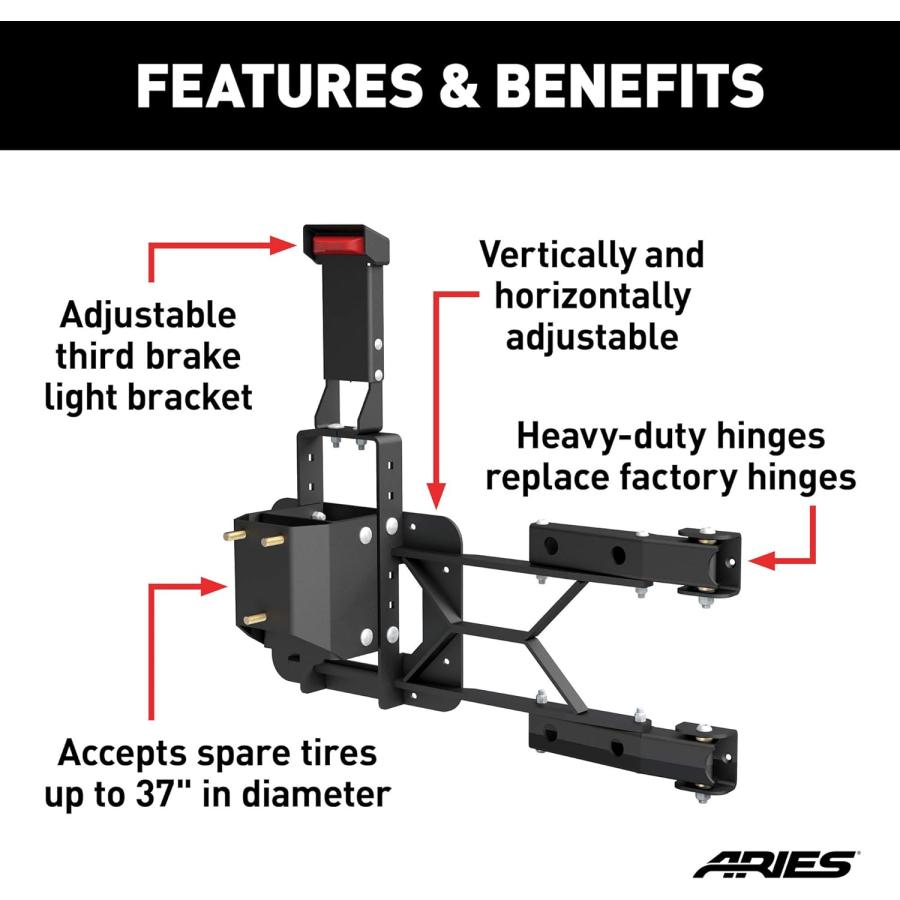 【並行輸入品】ARIES 2563000 ジープ ラングラー JK 高耐久 調節可能 リアドア スペアタイヤキャリア 最大37インチのホイール用　