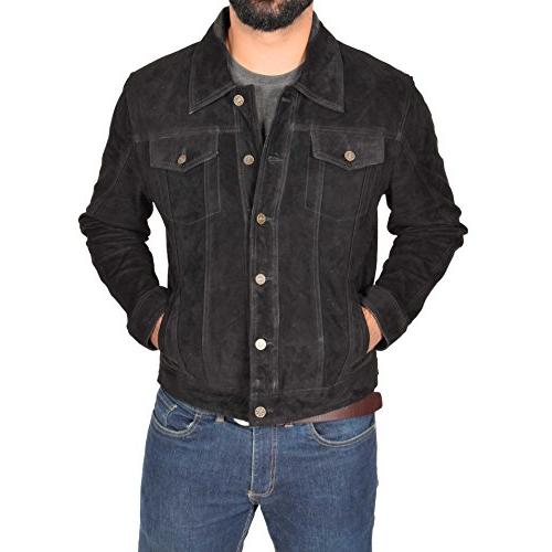 【並行輸入品】Mens Real Soft Goat Suede BLACK Jacket Trucker Western Denim Sliの画像