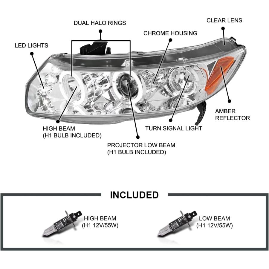 【並行輸入品】Spec-D Tuning Honda Civic 2dr クロームクリアLEDプロジェクター ヘイローヘッドライトの画像