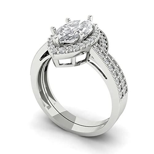 【並行輸入品】2.36?CTマーキスカットパヴェヘイロー婚約ウェディングブライダル記念リングバンドセット14?Kホワイトゴールド、Clara P_4