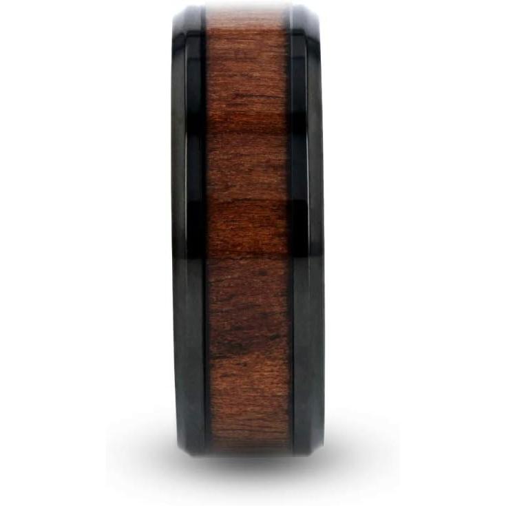 【並行輸入品】Thorsten Kony チタンリング メンズ 軽量 チタン 快適フィット ブラックチタン 研磨 ベベルエッジ ブラック クルミ材 象の画像