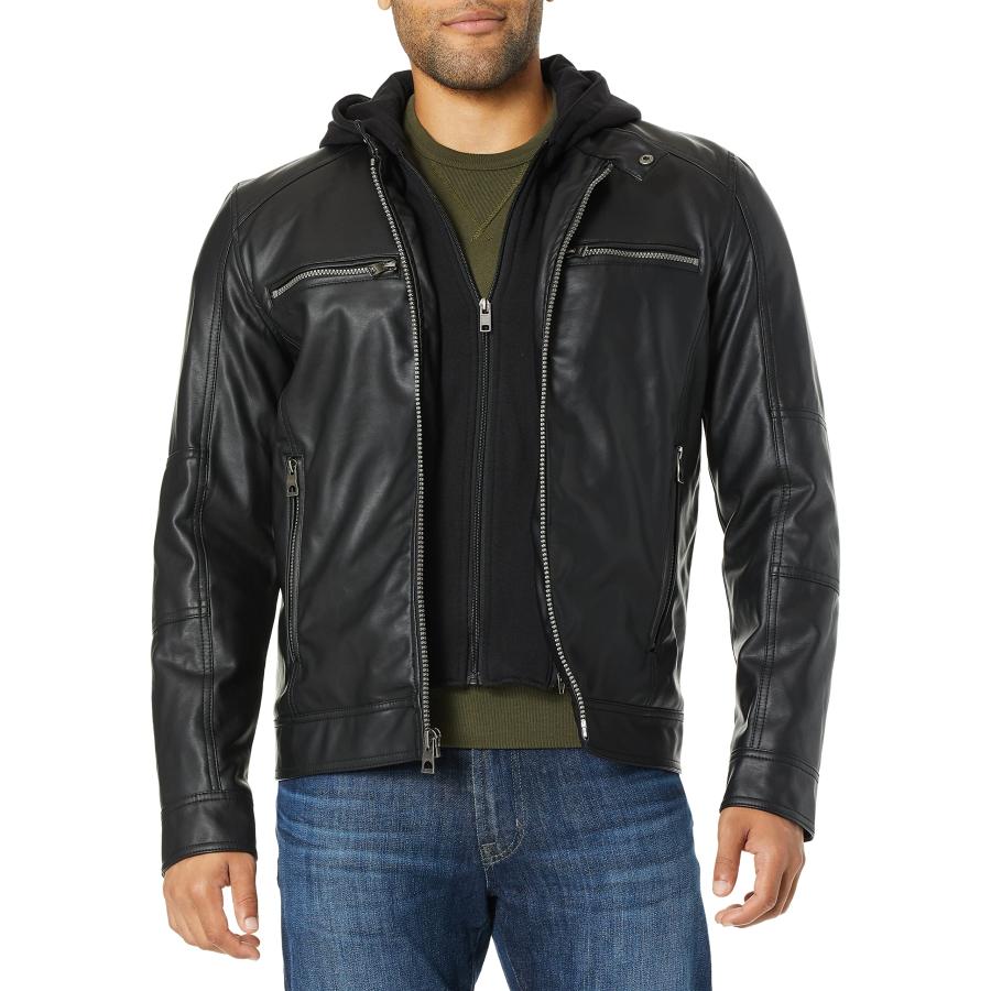 GUESS メンズ レザージャケット ブラック 本革 M GUESS（ゲス） 【並行輸入品】GUESS Men's Faux Leather Hooded Moto