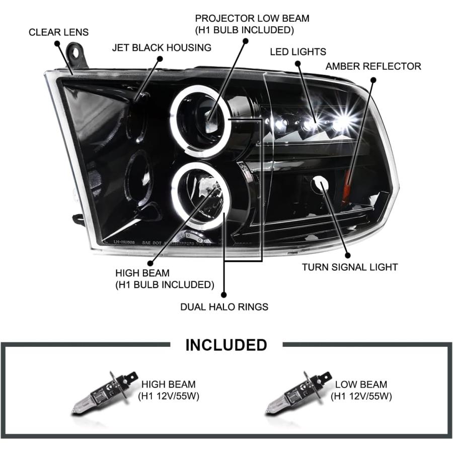 【並行輸入品】SPEC-D チューニング ジェットブラック LED デュアルヘイロー プロジェクターヘッドライト 2009-2018 ダッジ・ラム 1_2