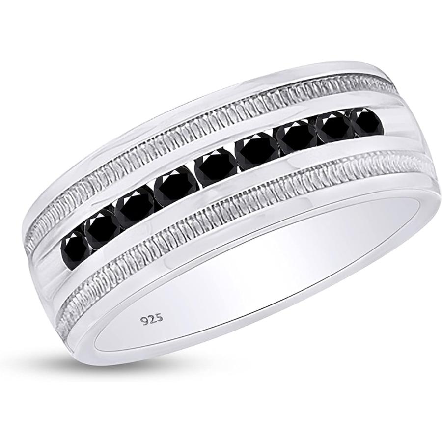 【並行輸入品】ラウンドブラック天然ダイヤモンドメンズ結婚バンドリング925スターリングシルバーで( 1 Cttw )の画像