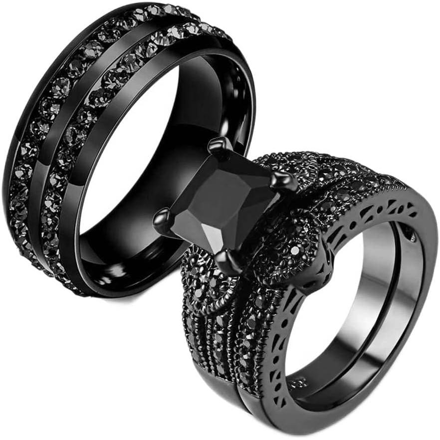 【並行輸入品】Gy Jewelry カップルリング 男女用 ブラックゴールドフィルド キュービックジルコニア メンズ ステンレススチール ブライダルセ