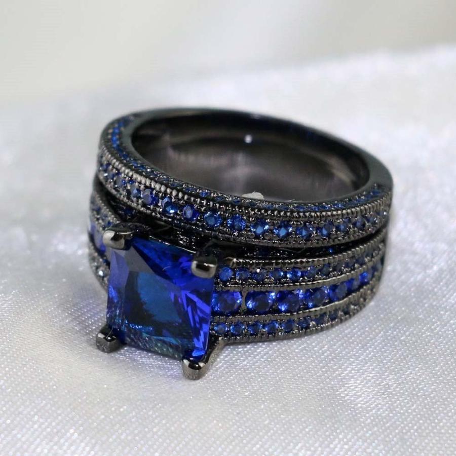 【並行輸入品】loversringカップルリングブライダルセットHis HersブラックゴールドメッキブルーCZステンレススチールウェディングリングバ_2