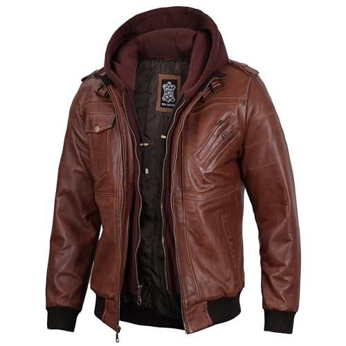 【並行輸入品】fjackets 本革ボンバージャケット   オートバイ カジュアル スタンドカラー 取り外し可能なフード付き, ブラウン   Eの画像