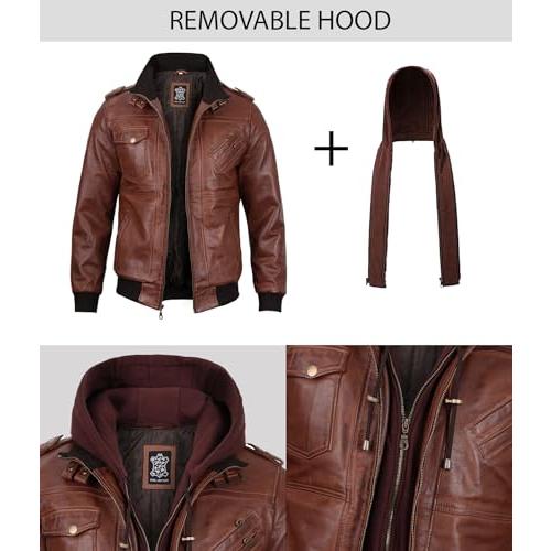 【並行輸入品】fjackets 本革ボンバージャケット   オートバイ カジュアル スタンドカラー 取り外し可能なフード付き, ブラウン   Eの画像
