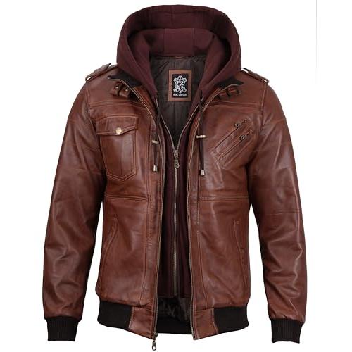 【並行輸入品】fjackets 本革ボンバージャケット   オートバイ カジュアル スタンドカラー 取り外し可能なフード付き, ブラウン   Eの画像