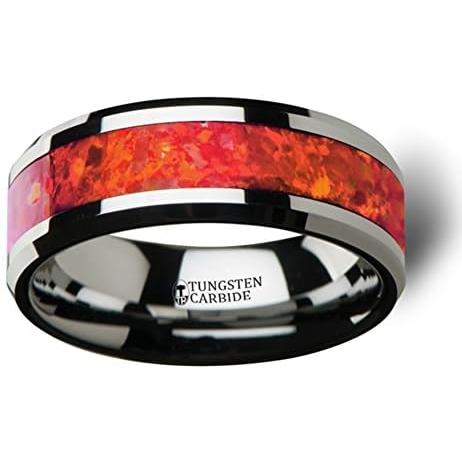 【並行輸入品】Roy Rose Thorsten 星雲 タングステン コンテンポラリー メタル ウェディングリング レッドオパールインレー 幅8mmの画像