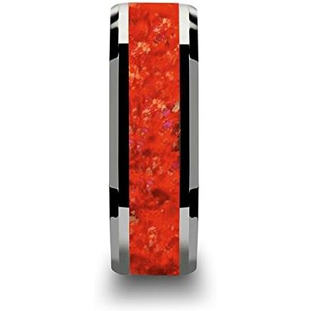 【並行輸入品】Roy Rose Thorsten 星雲 タングステン コンテンポラリー メタル ウェディングリング レッドオパールインレー 幅8mmの画像