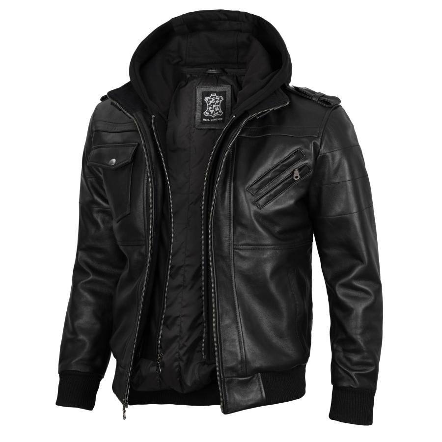 ブラックレザー ボンバージャケット　フード付き 並行輸入品】メンズ フード付きレザージャケット ボンバー オートバイ