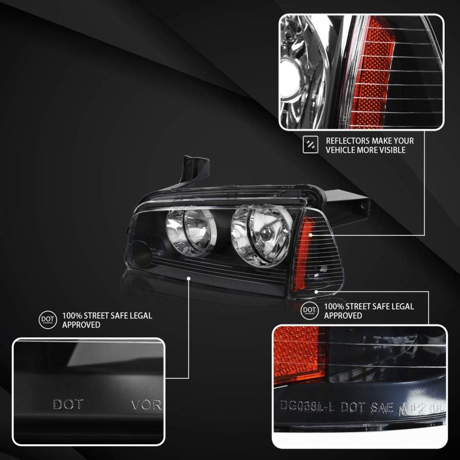 【並行輸入品】AUTOZENSATION 2006-2010 Dodge Charger ブラックハウジング クリアレンズヘッドライト + コーナーラの画像