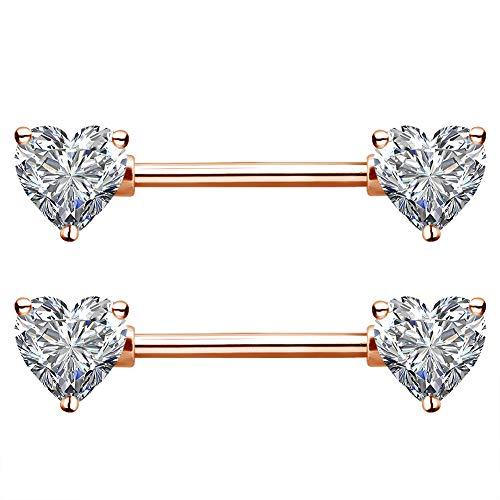 【並行輸入品】OUFER 2個 14G サージカルスチール ニップルリング バーベル ハート CZ ニップルリング ピアス レディース ニップル_1