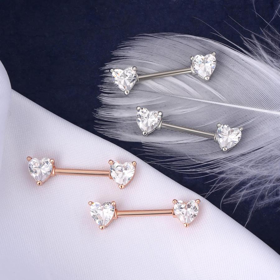【並行輸入品】OUFER 2個 14G サージカルスチール ニップルリング バーベル ハート CZ ニップルリング ピアス レディース ニップル_3