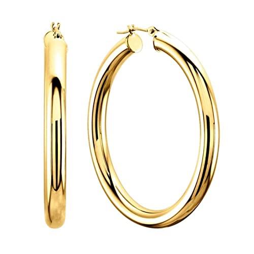 【並行輸入品】14K リアルイエローゴールドまたはホワイトゴールド 厚さ4mm クラシック 光沢仕上げ ラウンドチューブフープイヤリング スナッの画像