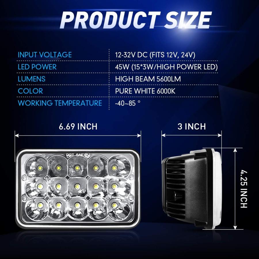 【並行輸入品】4x6インチ LEDヘッドライト 長方形 交換用 H4651 H4652 H4656 H4666 H6545 LEDヘッドライト ピータの画像