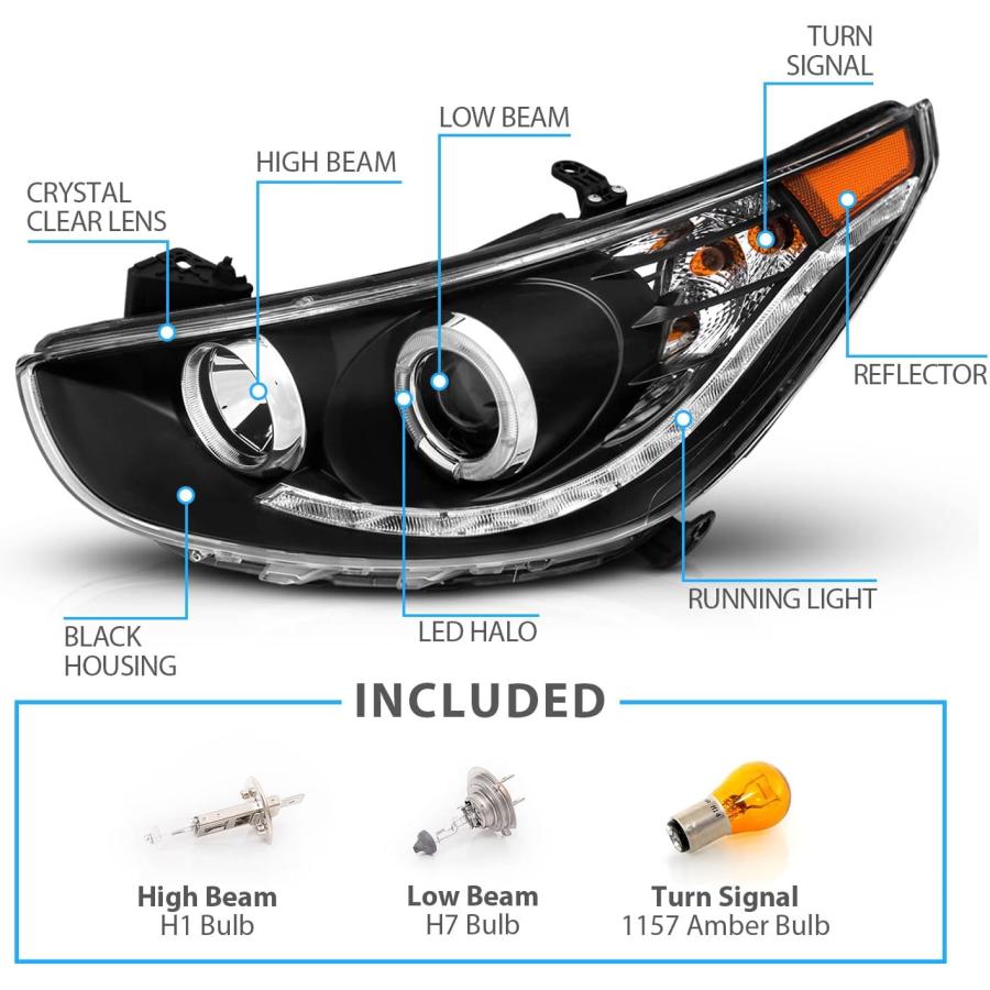 【並行輸入品】AmeriLite ブラック プロジェクター交換用ヘッドライト LEDバー ヘイローセット Hyundai Accent 4ドア/ハッチの画像