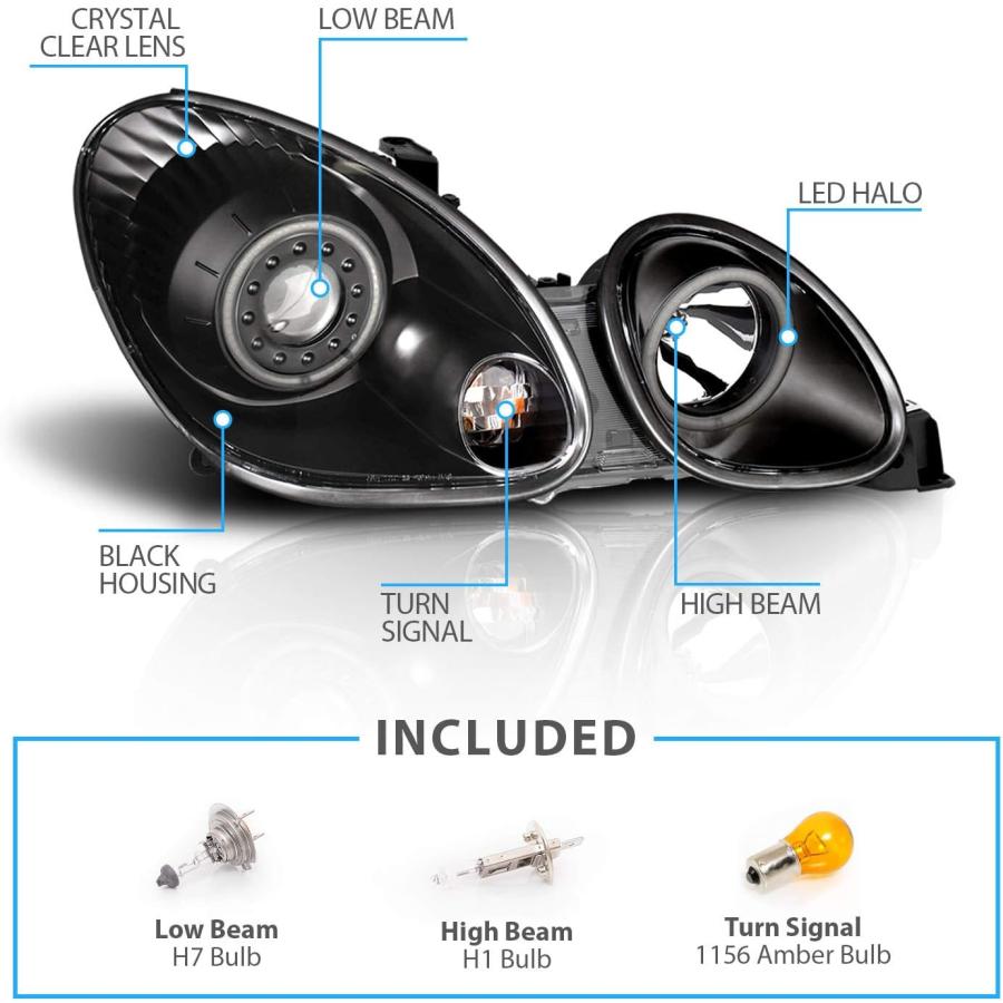 【並行輸入品】AmeriLite ブラック プロジェクターヘッドライト 超高輝度 LED Halo Lexus GS 300/400 ハロゲン電球バーの画像
