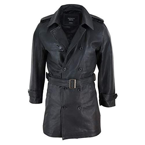 【並行輸入品】Mens Black 3/4 Trench Coat Real Leather Belted Jacket Classic Soの画像