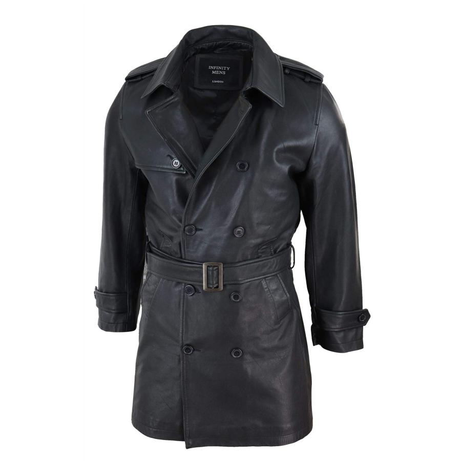 【並行輸入品】Mens Black 3/4 Trench Coat Real Leather Belted Jacket Classic Soの画像