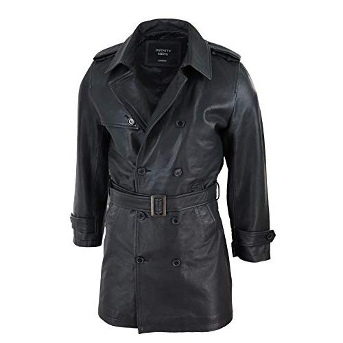 【並行輸入品】Mens Black 3/4 Trench Coat Real Leather Belted Jacket Classic Soの画像