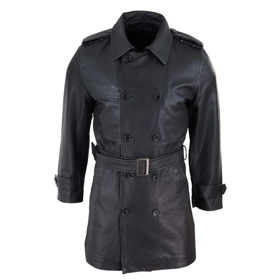 【並行輸入品】Mens Black 3/4 Trench Coat Real Leather Belted Jacket Classic Soの画像