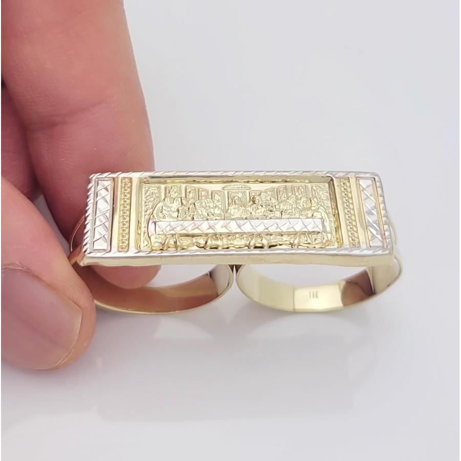 【並行輸入品】AMZ Jewelry メンズ 10Kイエローゴールド 最後の晩餐リング 2フィンガーリング ダブルフィンガーの画像