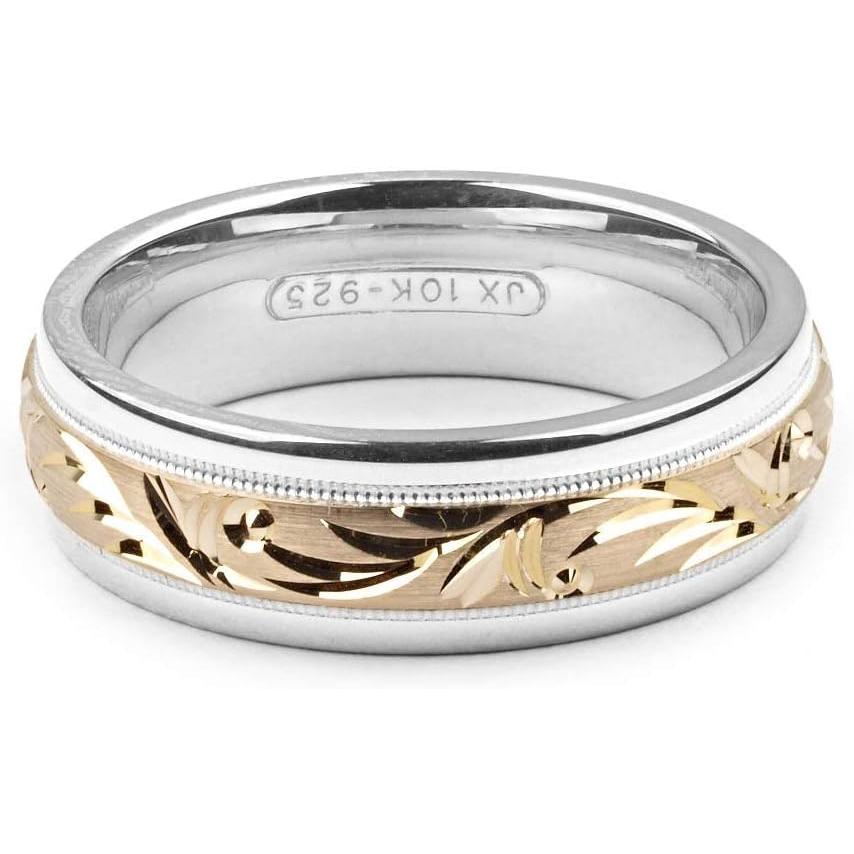 【並行輸入品】Alain Raphael ツートーンスターリングシルバーと10Kイエローゴールド 幅6mm 快適フィット 結婚指輪の画像