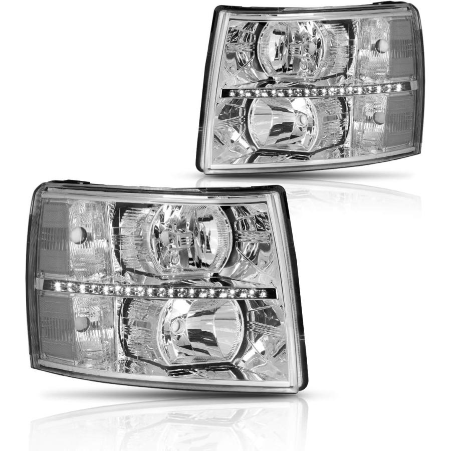 【並行輸入品】ペア LED DRL ストリップ ヘッドライト (ヘッドランプ) アセンブリ シボレー シルバラード 07-14 対応 クロームハウジンの画像