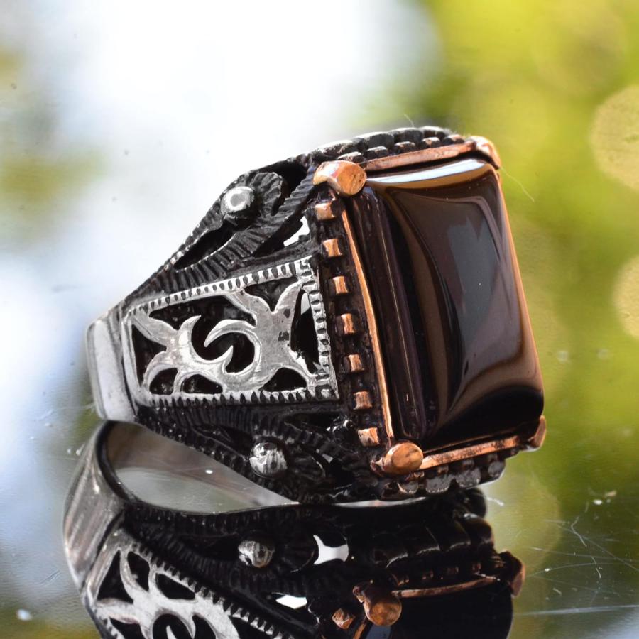 Falcon Jewelry 本物の天然黒曜石 宝石リング 原石 925 Falcon Jewelry 本物の天然黒曜石 宝石リング 原石 925