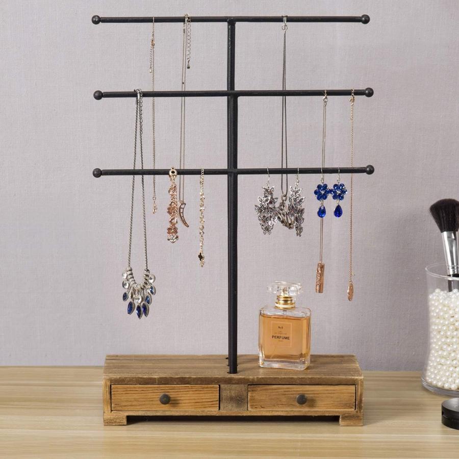 【並行輸入品】MyGift 3段ブラックメタル Tバー ジュエリーネックレスディスプレイスタンド 木製ベース&リング引き出し付きの画像