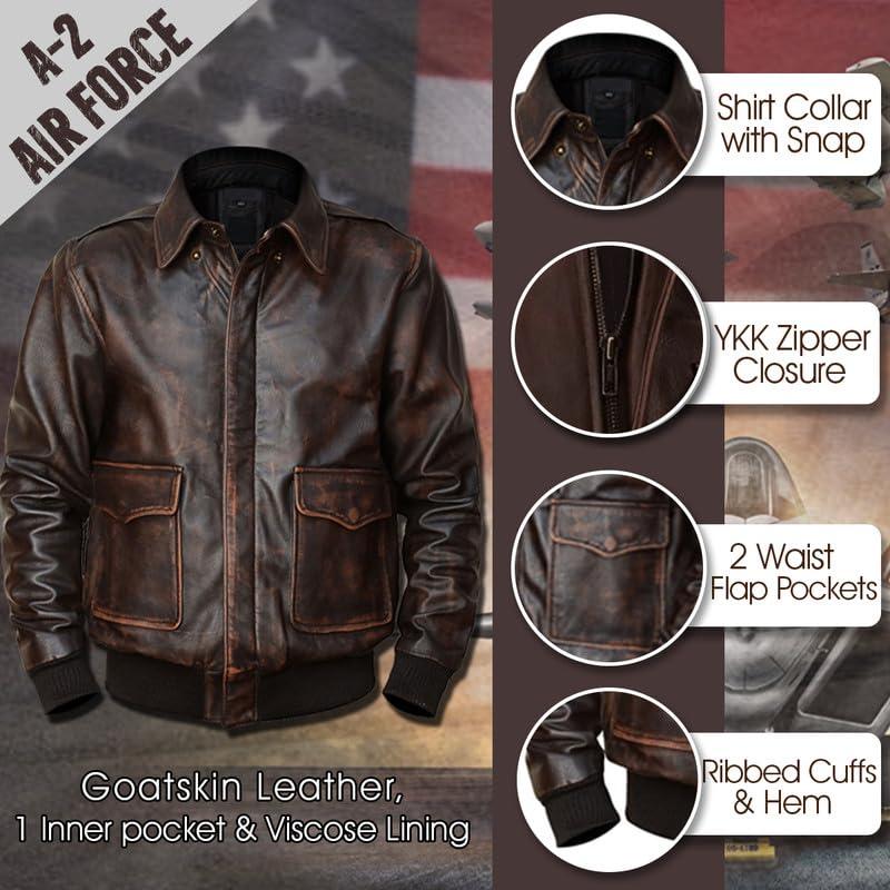 【並行輸入品】Men's A2 Leather Jacket USAAF Air Force Flight Pilot Aviator Disの画像