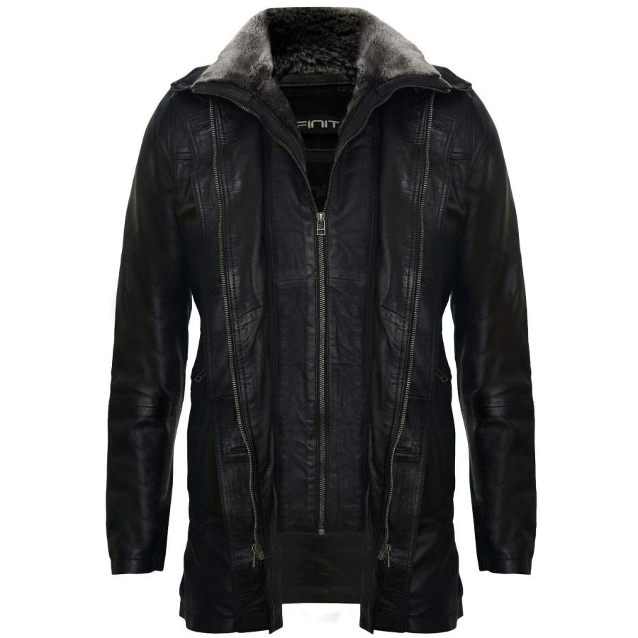 【並行輸入品】Men's Black Leather Classic Removable Fleece Collar Mid Length Wの画像