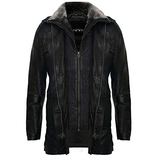 【並行輸入品】Men's Black Leather Classic Removable Fleece Collar Mid Length Wの画像