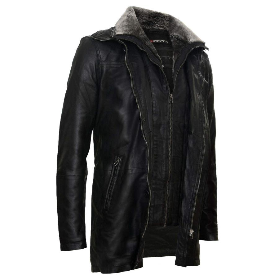 【並行輸入品】Men's Black Leather Classic Removable Fleece Collar Mid Length Wの画像