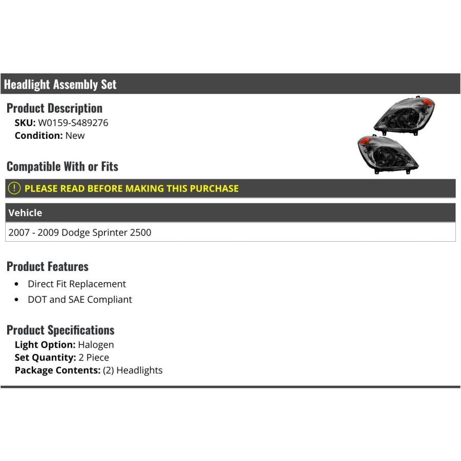 【並行輸入品】ハロゲンヘッドライトアセンブリ 2個セット - 2007-2009 Dodge Sprinter 2500に対応の画像