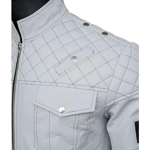 【並行輸入品】HIGOBO MENS WHITE LEATHER MOTORCYCLE JACKET WHITE LEATHER JACKETの画像