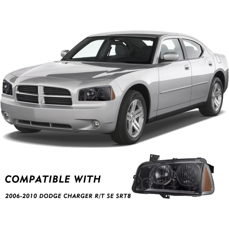 【並行輸入品】ヘッドライトアセンブリセット 交換用 2006-2010 Dodge Charger スモークブラックハウジング アンバーリフレクターヘの画像